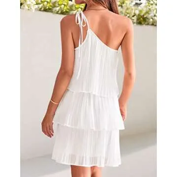ZESICA Women's Boho Summer One Shoulder Sleeveless Ruffle Tiered Layered Chiffon Pleated A Line Flowy Mini Dress,Ivory,Medium