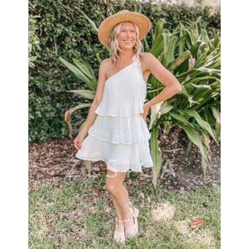 ZESICA Women's Boho Summer One Shoulder Sleeveless Ruffle Tiered Layered Chiffon Pleated A Line Flowy Mini Dress,Ivory,Medium