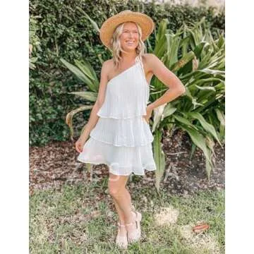 ZESICA Women's Boho Summer One Shoulder Sleeveless Ruffle Tiered Layered Chiffon Pleated A Line Flowy Mini Dress,Ivory,Medium