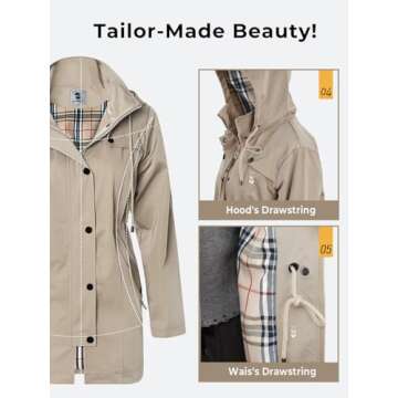 SaphiRose Women's Long Hooded Rain Jacket Outdoor Raincoat Windbreaker(Khaki,Medium)