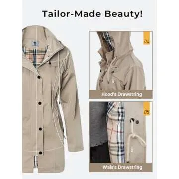 SaphiRose Women's Long Hooded Rain Jacket Outdoor Raincoat Windbreaker(Khaki,Medium)