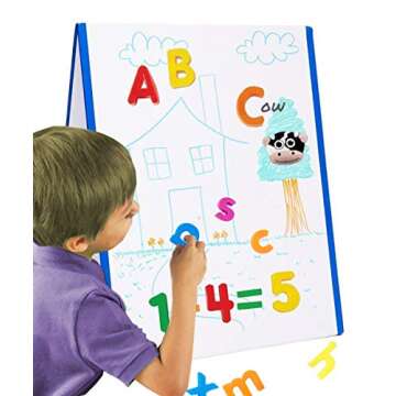 Kid’s Dry Erase Board and Magnet Set – 72 Piece Magnetic Letters and Stand-Up Easel Whiteboard f...