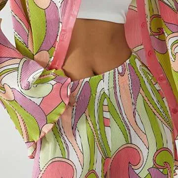 NUFIWI Women Y2K 2 Piece Pants Set Oversized Floral Printed Button Down Shirt High Waist Pants Pleated Casual Summer Loungewear(T Floral Colorful,Medium)