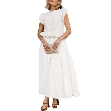 SAUKOLE Women’s Summer Ruffle Sleeve Crewneck Sweater Shirt Dress Patchwork Loose Flowy Tiered Dress White