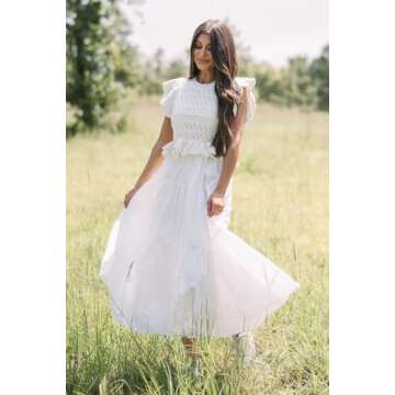 SAUKOLE Women’s Summer Ruffle Sleeve Crewneck Sweater Shirt Dress Patchwork Loose Flowy Tiered Dress White