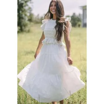 SAUKOLE Women’s Summer Ruffle Sleeve Crewneck Sweater Shirt Dress Patchwork Loose Flowy Tiered Dress White