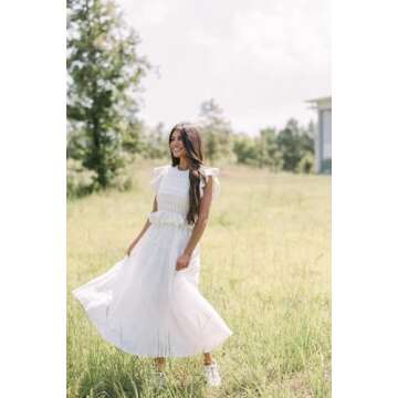 SAUKOLE Women’s Summer Ruffle Sleeve Crewneck Sweater Shirt Dress Patchwork Loose Flowy Tiered Dress White