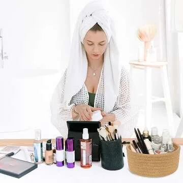 ABenkle Small Woven Basket, Empty Tiny Shallow Storage Basket, Mini Cotton Rope Baskets, Round Decorative Hamper, Basket Storage Bins for Toys, Spa, Socks, Nursery, Living Room- Brown