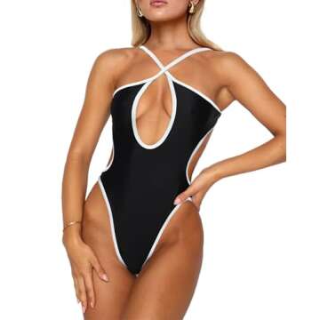 HYPERFIRE Women's Sexy Criss Cross Halter Contrast Binding Swimsuit One Piece Monokini Bathing Suit Black and White Small