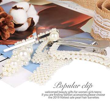 6 Set Of Pearl Hair Clips For Women Girls Teenitor Snap Clip Large Barrettes Handmade Woven Beads-Embellished bobby Hairpins Shiny Hair Styling Tools Gifts For Birthday Wedding Daily Head Wear