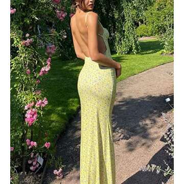 Argeousgor Y2K Floral Print Spaghetti Strap Bodycon Maxi Dress Deep V Neck Long Dress Sexy Backless Summer Streetwear