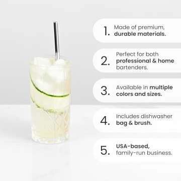 A Bar Above Gold Metal Cocktail Reusable Straws, with Straw Cleaner Brush, Dishwasher Bag, Stylish S...