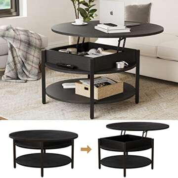 FABATO Round Lift Top Coffee Table for Living Room, 35.43'' Round Coffee Table with Storage and Hidden Compartment, 2 Tier Large Farmhouse Coffee Table Round Dining Table, Black