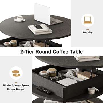 FABATO Round Lift Top Coffee Table for Living Room, 35.43'' Round Coffee Table with Storage and Hidden Compartment, 2 Tier Large Farmhouse Coffee Table Round Dining Table, Black