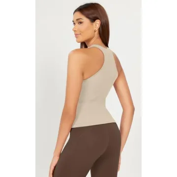 ODODOS 3-Pack Seamless Racerback Tank for Women Ribbed Knit Soft Sleeveless Tank Tops, Waist Length, Mushroom+Taupe+Charcoal, Medium/Large