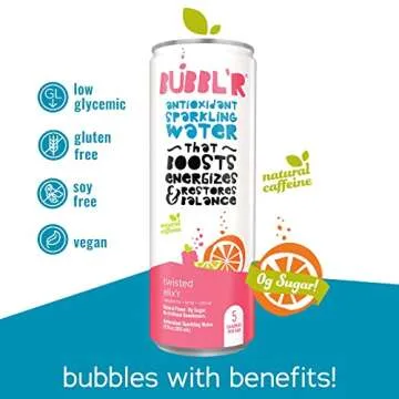 BUBBL'R twisted elix'r, Antioxidant Sparkling Water with Natural Caffeine, 0g Sugar, Gluten Free, All Natural Flavors, 12 Fl Oz Cans, 12 Count