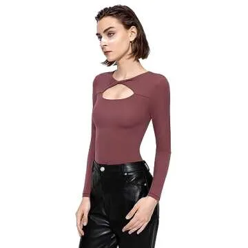 PUMIEY Body Suits for Womens Long Sleeve Bodysuit Shirts Slim Fit Sexy Going Out Tops, Marsala Medium