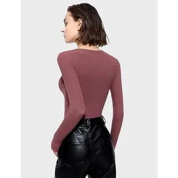 PUMIEY Body Suits for Womens Long Sleeve Bodysuit Shirts Slim Fit Sexy Going Out Tops, Marsala Medium