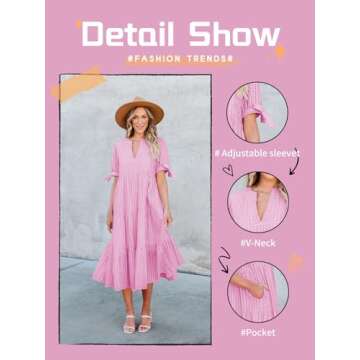 Theenkoln Womens Casual Midi Dress: Short Sleeve V-Neck Empire Waist Gingham Spring Fashion Long Tre...