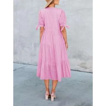 Theenkoln Womens Casual Midi Dress: Short Sleeve V-Neck Empire Waist Gingham Spring Fashion Long Trendy Tiered Formal Dresses Hot Pink