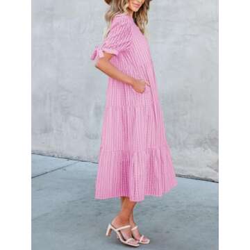 Theenkoln Womens Casual Midi Dress: Short Sleeve V-Neck Empire Waist Gingham Spring Fashion Long Trendy Tiered Formal Dresses Hot Pink