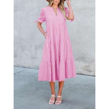 Theenkoln Womens Casual Midi Dress: Short Sleeve V-Neck Empire Waist Gingham Spring Fashion Long Trendy Tiered Formal Dresses Hot Pink