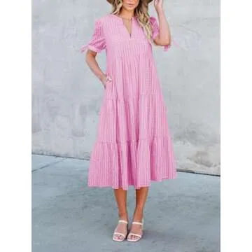 Theenkoln Womens Casual Midi Dress: Short Sleeve V-Neck Empire Waist Gingham Spring Fashion Long Trendy Tiered Formal Dresses Hot Pink