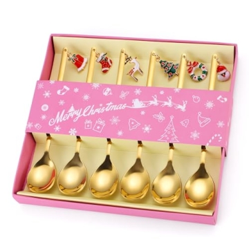 Gold Christmas Coffee Spoon Set - 6 Decorative Stirrers