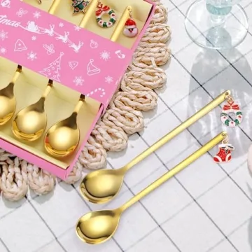 Gold Christmas Coffee Spoon Set - 6 Decorative Stirrers