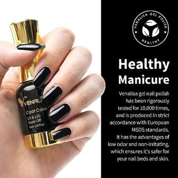 VENALISA Gel Nail Polish, 12ml Black Color Soak Off UV LED Nail Gel Polish Nail Art Starter Manicure Salon DIY at Home, 0.43 OZ