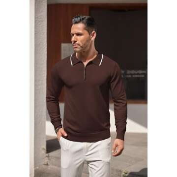 COOFANDY Men's Long Sleeve Polo Shirt - Quarter Zip Pullover, Casual Vintage Striped Tops
