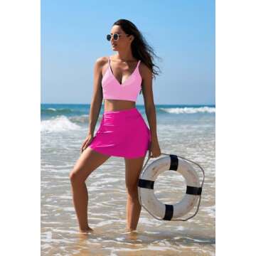 Women High Waisted Tankini Bathing Suit Tummy Control 2 Piece Bikini Crop Top Swimsuits V Neck Barbie Pink S