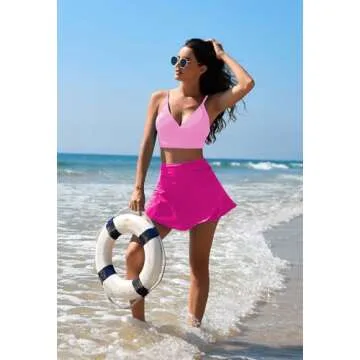 Women High Waisted Tankini Bathing Suit Tummy Control 2 Piece Bikini Crop Top Swimsuits V Neck Barbie Pink S