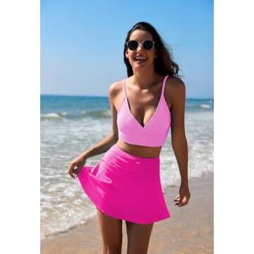 Women High Waisted Tankini Bathing Suit Tummy Control 2 Piece Bikini Crop Top Swimsuits V Neck Barbie Pink S