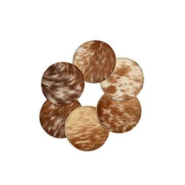 NGF Cowhide Coaster Set of 6 pcs Natural Cowhide Drink Coasters Hair On Round Coasters Leather Tea C...