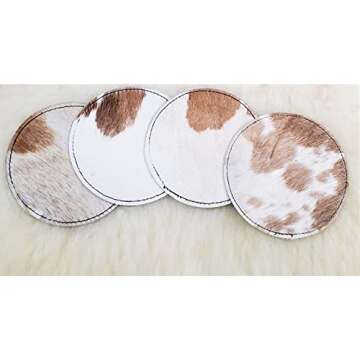 NGF Cowhide Coaster Set of 6 pcs Natural Cowhide Drink Coasters Hair On Round Coasters Leather Tea Cup Coasters Home Decor & Home Living Ideas Multicolor 4.5 x 4.5 x 0.5 inches