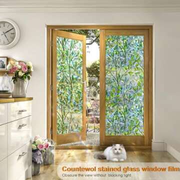 Countewol Window Privacy Film Stain Glass Window Film Rainbow Window Film Window clings Non-Adhesive Reusable Decorative for Room (Leaf Rainbow, 17.5 X 78.7 in)