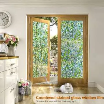 Countewol Window Privacy Film Stain Glass Window Film Rainbow Window Film Window clings Non-Adhesive Reusable Decorative for Room (Leaf Rainbow, 17.5 X 78.7 in)