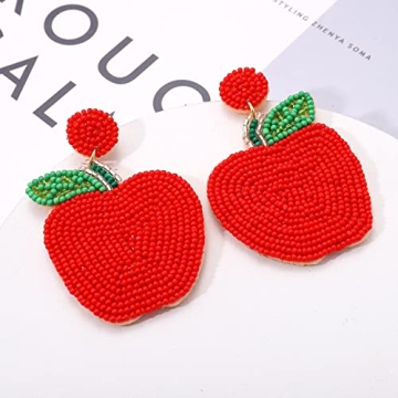 Beaded Earrings HandmadeTeacher Apple Bead Dangling Earrings Funny Fruit Drop Dangle Earrings for Women Teacher’s Day Appreciation Back to School Jewelry Gifts