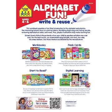 School Zone - Alphabet Fun! Write & Reuse Workbook - Ages 4 to 6, Preschool to Kindergarten, Tracing, Printing, Letters, Sounds, Phonics, Wipe Clean (School Zone Write & Reuse Workbook)