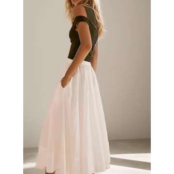 Ymejia Women's Trendy Elastic Waist Midi Pleated Skirts A Line Loose Fit Solid Summer High Waist Flowy Skirt with Pockets White