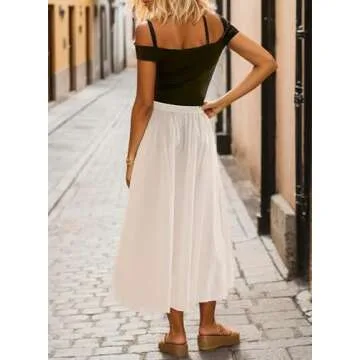 Ymejia Women's Trendy Elastic Waist Midi Pleated Skirts A Line Loose Fit Solid Summer High Waist Flowy Skirt with Pockets White