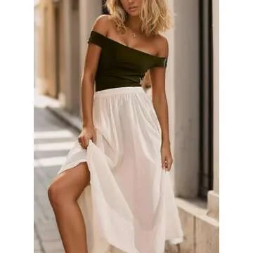 Ymejia Women's Trendy Elastic Waist Midi Pleated Skirts A Line Loose Fit Solid Summer High Waist Flowy Skirt with Pockets White