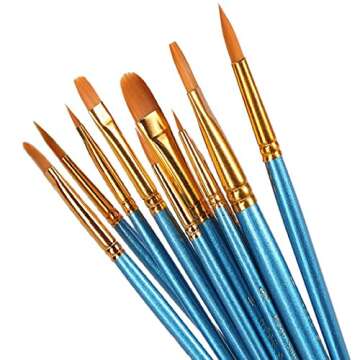 1 Set of 10 Pieces Synthetic Hair Paint Brushes, Blue, for Acrylic, Oil and Watercolor Painting