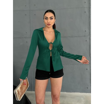 Cicy Bell Sexy Tie Front Satin Shirt - Chic & Versatile Top