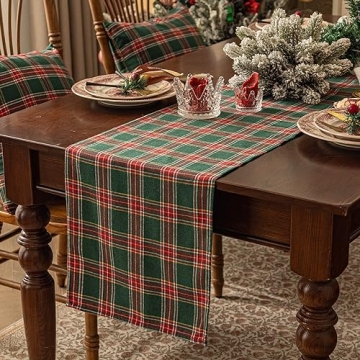 Softalker Christmas Checkered Tartan Table Runner - Green Buffalo Plaid Xmas Stain Resistant Washabl...