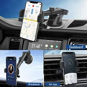 BzmxsLZ Car Phone Mount, Strong Suction Cup, Compatible with Samsung and iPhone, 3 in 1 Dashboard Windshield Vent Universal Phone Holder, 2022 Upgraded