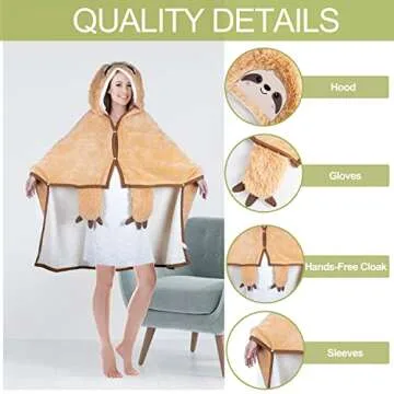 Sloth Wearable Hooded Blanket for Adults – Super Soft Warm Cozy Plush Flannel Fleece Throw & Sherpa Hoodie Cloak Wrap - Sloth Gifts for Women Adults Girls and Kids