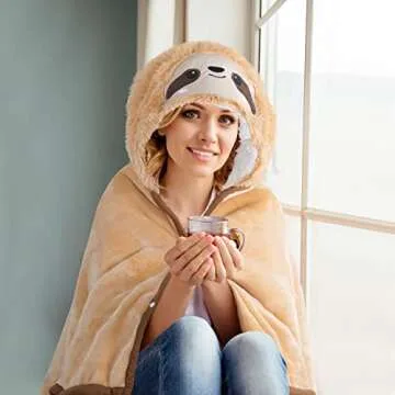 Sloth Wearable Hooded Blanket for Adults – Super Soft Warm Cozy Plush Flannel Fleece Throw & Sherpa Hoodie Cloak Wrap - Sloth Gifts for Women Adults Girls and Kids