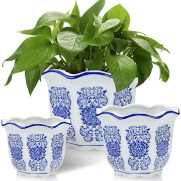 Briwooody Set of 3 Elegant Blue and White Flower Pots